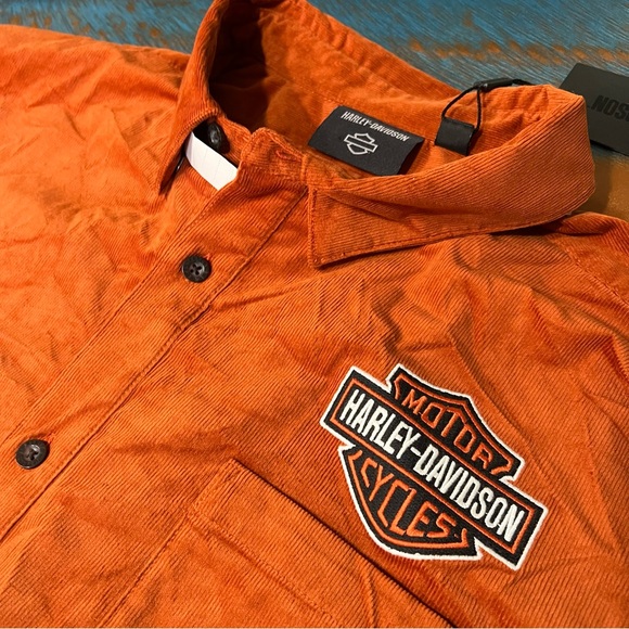 NWT Harley Davidson Corduroy Button down short elbow patches Rust orange 3XL - Picture 2 of 11